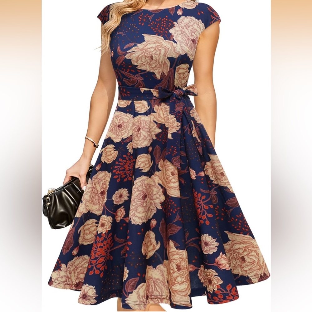 Floral Midi Dress - Navy and Pink - Belted XL NWOT